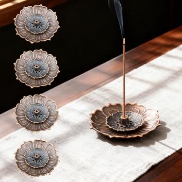 Imagem de 4 peças de suporte de incenso de lótus de tamanho médio (design 2 em 1) – suporte durável com apanhador de cinzas removível para casa/escritório/ioga/sala de meditação, serve para a maioria dos
