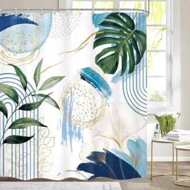 Imagem de Cortina de chuveiro Mitpok Blue Boho 180x180cm com 12 ganchos de polié