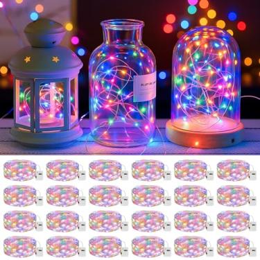 Imagem de litogo Pacote com 24 luzes LED de fadas operadas a pilha, 2 m de 20 LEDs, 3 modos, mini luzes cintilantes, luz estrelada à prova d'água para casamentos, potes de pedreiro, festas, decorações de Natal