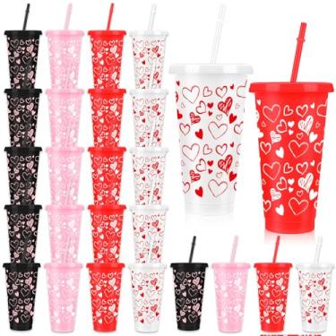 Imagem de Denylo pro 24 conjuntos de copos de plástico para dia dos namorados com copos reutilizáveis de coração de palha 765 g para chá e café dos namorados para presentes de dia dos namorados