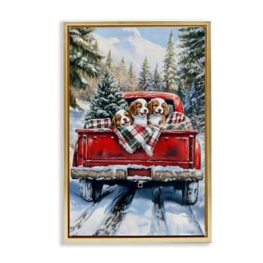 Imagem de Stupell Industries Christmas Truck Pups Trio Brown Framed Floater Canvas Wall Art, design by Petal Prints Design, 25 x 17