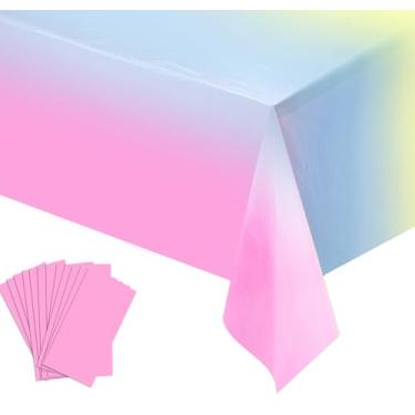 Imagem de LRQSM Pacote com 12 toalhas de mesa de plástico arco-íris, toalha de mesa descartável, com borda recortada, impermeável, retangular, arco-íris, capa de mesa para aniversário, casamento, chá de bebê