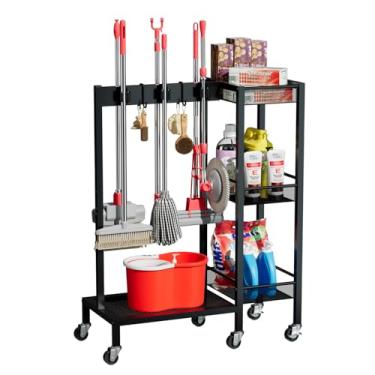 Imagem de MDJTT Suporte para vassoura e esfregão com rodas, organizador grande de suprimentos de limpeza com prateleira de armazenamento de 3 níveis, rack de limpeza com ganchos de gancho, rack de limpeza