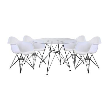Imagem de Mesa De Jantar Vidro Redonda 90Cm Com 4 Poltronas Brancas Ferro Preto Branco