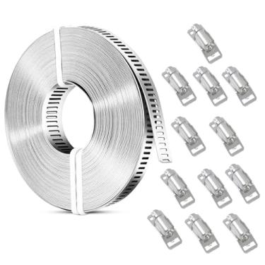 Imagem de Braçadeiras de mangueira grandes ajustáveis de 10 metros, braçadeira de aço inoxidável com 8 peças de fixadores, parafusos de metal e cintas para tubos, dutos, polos, tubos
