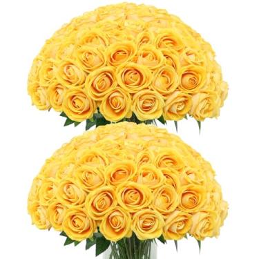 Imagem de LFF 50 peças de flores artificiais de rosas a granel, rosas falsas de veludo com hastes de 50 cm para centros de mesa de casamento, buquê, arranjo floral, decoração de casa (amarelo)