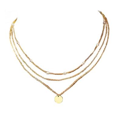 Imagem de Elegante colar empilhado a ouro para mulheres, design de pérola banhada em camadas 14K com comprimento ajustável, pingente redondo, ideal para presentes