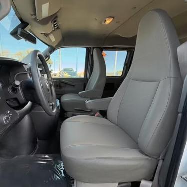 Imagem de Jokuye Capas de assento Oxford 600D resistentes para Chevy Express 2010-2025 Protetores de assento concha dianteiros com recorte de alça fácil de instalar - cinza