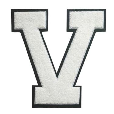 Imagem de 1 Patch de letra de chenille de ferro branco de 16,5 cm com borda preta – Remendos do alfabeto para roupas, jaquetas, mochilas, chapéus para decoração personalizada, nome personalizado e artesanato