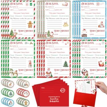 Imagem de Funrous 72 peças de kit de escrita carta para o Papai Noel, 24 conjuntos de listas de desejos de Natal, papelaria, cartões de Natal preenchidos em branco com envelopes vermelhos e adesivos, presente