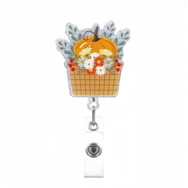Imagem de Carretel de crachá de outono, clipe retrátil, cesta de flores de abóbora, porta-crachás de identificação para Halloween, fofo, acrílico, com clipe jacaré, para enfermeira, assistente, médico