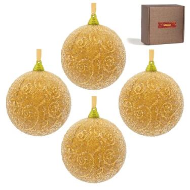 Imagem de Decorações de árvore de Natal feitas à mão amarelo mostarda, 4 peças de enfeites de bola de 8 cm com detalhes transparentes de mini contas, decoração de casa e festa vintage pronta para presente