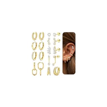Imagem de LOLIAS Brincos hipoalergênicos de costas planas para mulheres, brincos de cartilagem banhados a ouro 14K, brincos de aço inoxidável cirúrgico de 20 g, pequenos conjuntos de brincos de argola para