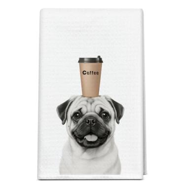 Imagem de bxtala Toalha de cozinha Coffee Pug Dog, presentes engraçados para donos de pug, toalhas de chá, toalhas de mão, presente de pano de prato, decorações de pugs para banheiro, café, bar, cozinha, 40 x