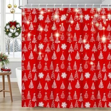 Imagem de deFouliao Cortina de chuveiro vermelha de Natal, árvore de Natal, brilhante, floco de neve, conjunto de cortina de banheiro para férias, ano novo, tecido impermeável com ganchos, 182 x 182 cm