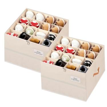 Imagem de Chewlish Organizador de sapatos para armário, recipientes organizadores dobráveis de armazenamento de sapatos com capa transparente, suporte de sapatos com alças, bege (2, G)