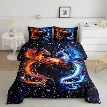 Imagem de Feelyou Conjunto de cama de dragão monstro – Conjunto de edredom tamanho Queen Galaxy Dragon – Conjunto de edredom vermelho e azul, 3 peças