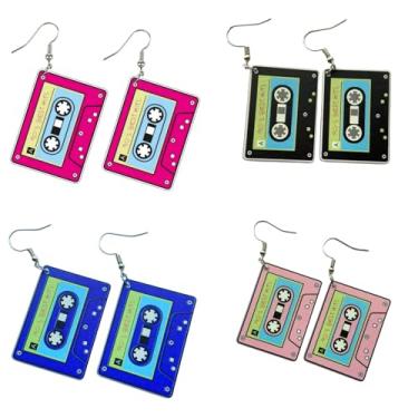 Imagem de 4 pares de brincos de fita cassete vintage dos anos 80 anos 90 para mulheres, pingente geométrico retrô para roupas dos anos 80, cosplay, festa musical, acessórios dos anos 70, 80, 90, Zinco, Sem