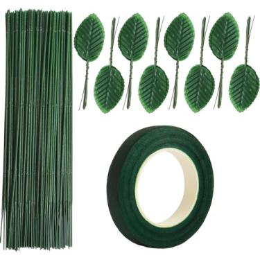 Imagem de HAPY SHOP Kit de arranjo floral, 100 peças de arame floral, 1 rolo de fita floral verde, 200 peças de folhas verdes artificiais para buquê de haste, florista, suprimentos para fazer grinaldas