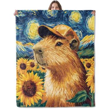 Imagem de Lugiu Cobertor de capivara de girassol estrelado, leve, confortável, divertido, capivaras em chapéu, cobertores para sofá, quarto, cobertor de flanela de viagem de pelúcia macia, presentes para