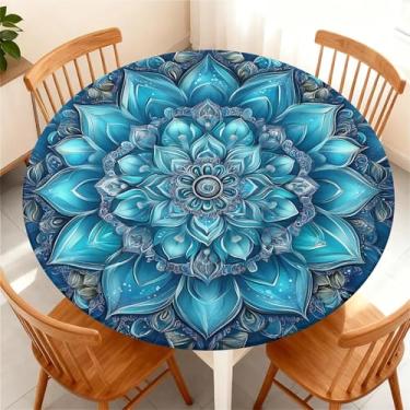 Imagem de COTAIL Toalha de mesa redonda à prova d'água com borda elástica, capa de mesa redonda ajustável e limpa para mesas de verão de até 114 a 122 cm para festas de piquenique na cozinha, mandala azul