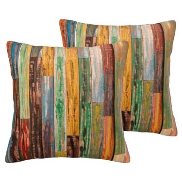 Imagem de VIREOTHIA Conjunto de 2 capas de almofada de madeira colorida 50,8 x 50,8 cm com 2 capas de almofada decorativas de madeira para decoração de sofá-cama e sofá