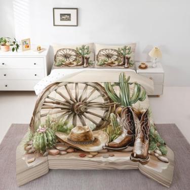 Imagem de Erosebridal Conjunto de edredom King estilo ocidental, chapéu de caubói, para decoração de quarto de homens e mulheres, conjunto de colcha de cacto exótico boêmio, rústico, do oeste selvagem, 2