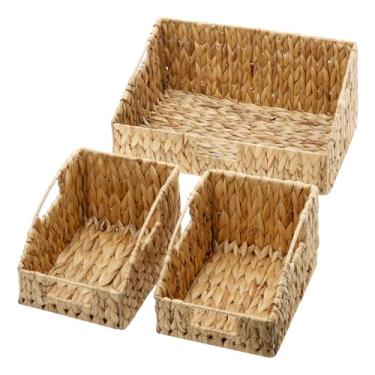 Imagem de GRANNY SAYS Cesta de armazenamento de vime, cesta de vime com alças, cestas de tecido trapézio para prateleiras, cestas decorativas para decoração de casa, jacinto de água, pacote com 3
