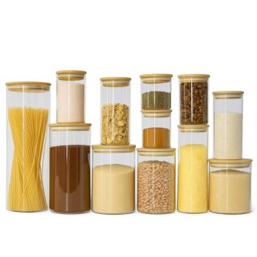 Imagem de Jogo 12 Potes Hermetico Vidro Mantimentos Tampa Bambu