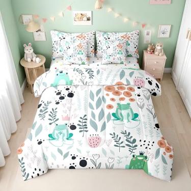 Imagem de Erosebridal Jogo de cama casal infantil de sapo, desenho animado de sapo, com estampa de sapo, para decoração de quarto de meninas e meninos, flor rosa e folhas verdes em uma bolsa, lençol de cima com
