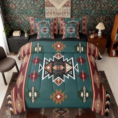 Imagem de Erosebridal Jogo de cama de casal e edredom ocidental | Conjunto de cama geométrico boêmio com 7 peças, decoração boêmia, asteca em uma bolsa, conjunto de cama de flecha de tribo étnica, verde