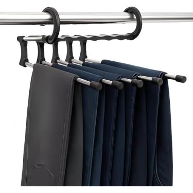 Imagem de Cabide Organizador Multiuso com 5 Divisórias, Retrátil, em Aço Inox, para Calças e Roupas, Sistema de Economia de Espaço no Guarda-Roupa