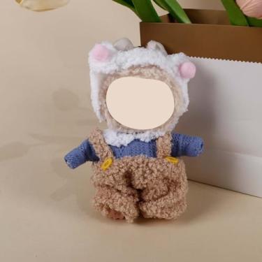 Imagem de Compatível com Labubu (sem boneca) - Conjunto de cordeiro doce branco-marrom (chapéu de orelha rosa + top de malha azul + macacão peludo com botões amarelos), roupas de boneca de 15 cm/17 cm