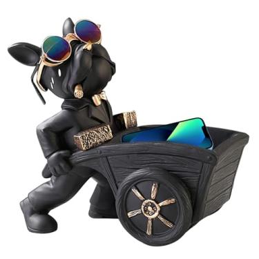 Imagem de Tigela de doces para cães – Suporte de chave de entrada de decoração de arte em resina – Adorável design criativo de cachorro puxando um carrinho, decoração de mesa de entrada para mesa