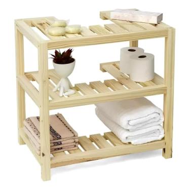 Imagem de Gabinete Rústico para Banheiro com 3 Prateleiras – Estante de Madeira Pinus Organizador Decorativo(Sem Rodas)