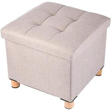 Imagem de Banqueta para os pés, caixa de armazenamento dobrável com pernas de madeira, banquinho de linho, banco baixo com enchimento de espuma altamente elástica, cinza, bege, cadeira de decoração de casa