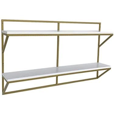 Imagem de Prateleiras de vinho de 2 camadas modernas para bar de parede usadas para rack/rack de vinho/estante de livros/decorações suspensas faça você mesmo | Suporte de ferro dourado e placa de madeira branca