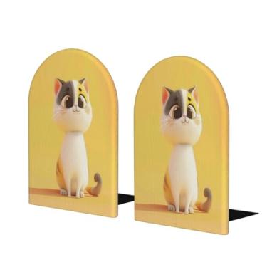 Imagem de Lindo gato amarelo grande suporte de livros de madeira decorativo antiderrapante resistente terminais de livros para escritório mesa de escritório em casa biblioteca escola estudo decoração divisórias