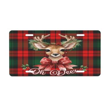 Imagem de Placa de licença de Natal de alce xadrez para frente do carro placas de carro metal de alumínio adequado para placa de porta de caminhão, bar, café, acessórios automotivos para homens e mulheres 15 x