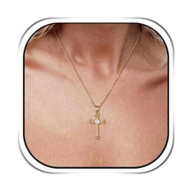Imagem de HZMAN Colar de cruz para mulheres, pingente de cruz de cristal de ouro e prata de aço inoxidável, colar pequeno e delicado, presente moderno para ela, Aço inoxidável, Zircônia cúbica
