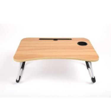Imagem de Mesa Portátil para Notebook Dobrável, Madeira com Pés em Aço Inox, 60x25x40cm, Suporte para Tablet, Porta Copos e Caneta
