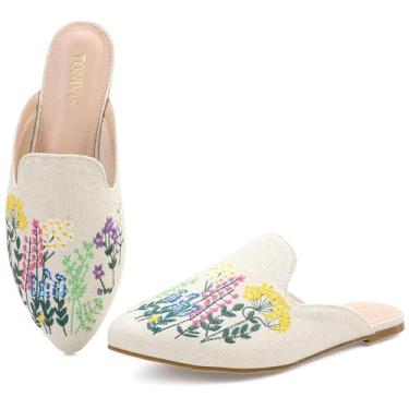 Imagem de TONIVIS Mules for Women Mocassins femininos confortáveis sem costas nuas, bico fino para trabalho e uso casual, sapatos de salto baixo fechados feminino mule, Flores silvestres bege, 37