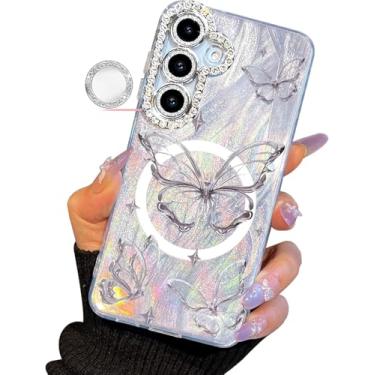 Imagem de I-MGAE-IN-AR Capa compacta para Samsung Galaxy S25 Plus e S24+ design borboleta, moldura de proteção magnética para lente de câmera de diamante, capa de telefone bonita à prova de choque para mulheres