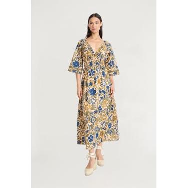 Imagem de The Good Journey Vestido maxi feminino Boho floral decote em V manga 3/4 para convidados de casamento e ocasiões de primavera, Verde-oliva/azul tinta, 46