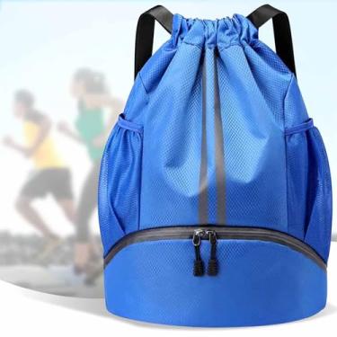 Imagem de Mochila esportiva com cordão para mulheres e homens, mochila de natação, bolsa de ginástica com compartimento para sapatos e bolso à prova de umidade