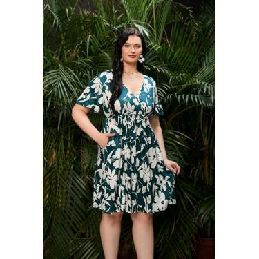 Imagem de KOJOOIN Vestido plus size feminino plus size casual com estampa floral, manga curta, gola V, vestido com babados, Flor grande verde-escuro *kj, GG