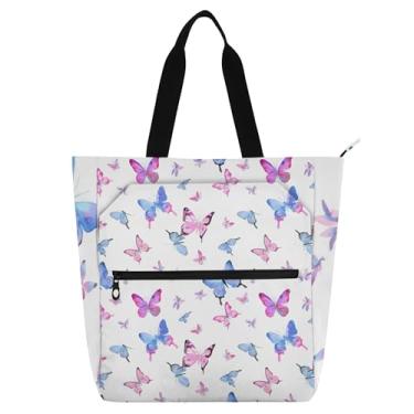 Imagem de GAIGEO Sacola feminina de trabalho em aquarela rosa azul borboletas brancas de lona com zíper bolsa de professores com compartimentos