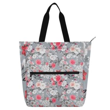 Imagem de GAIGEO Bolsa de ombro com pétala de rosa branca e cinza silenciada para mulheres e crianças com zíper, bolsa de ombro de lona floral média para escola, trabalho, viagens