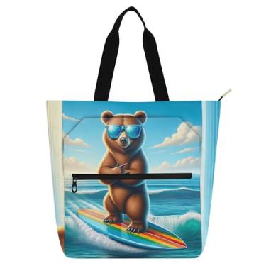 Imagem de GAIGEO Linda sacola de lona com estampa de urso de surfe para crianças, mulheres, lona, zíper, trabalho, praia, escola, professor, bolsa utilitária