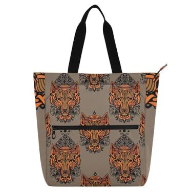 Imagem de GAIGEO Bolsa de trabalho marrom com cabeça de lobo laranja para mulheres, bolsa escolar de lona, bolsas de professores com compartimentos